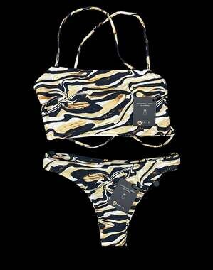 Skatie XS Marble Zebra Swirl Bikini Set NWT Bandeau Thong Cheeky Swim